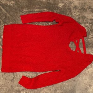 Red V-Neck Crocheted Sweater